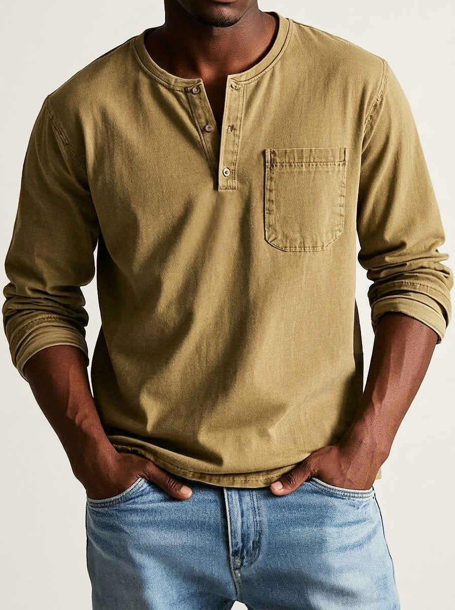 Men's long sleeve Henley shirt with button placket and chest pocket