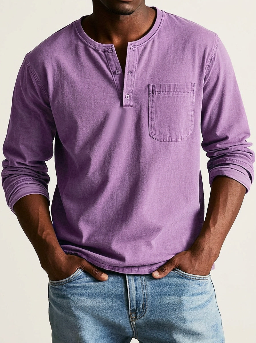 Men's long sleeve Henley shirt with button placket and chest pocket