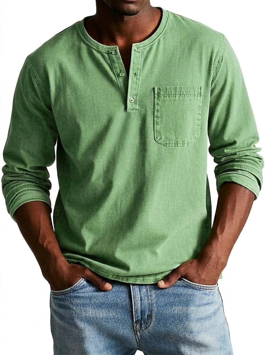 Men's long sleeve Henley shirt with button placket and chest pocket