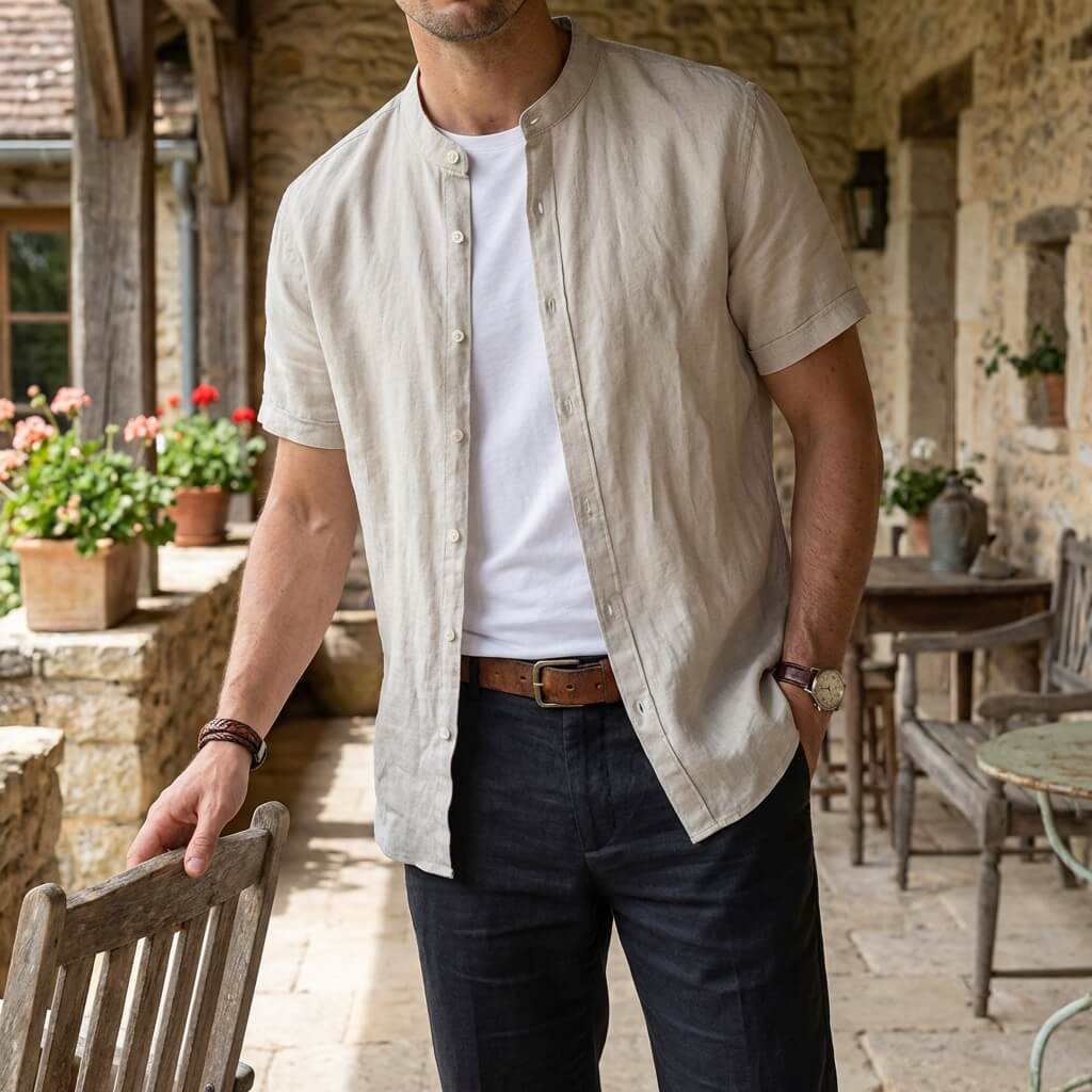 Men's short sleeve shirt with mandarin collar in cream and light blue