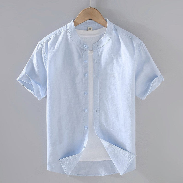 Men's short sleeve shirt with mandarin collar in cream and light blue