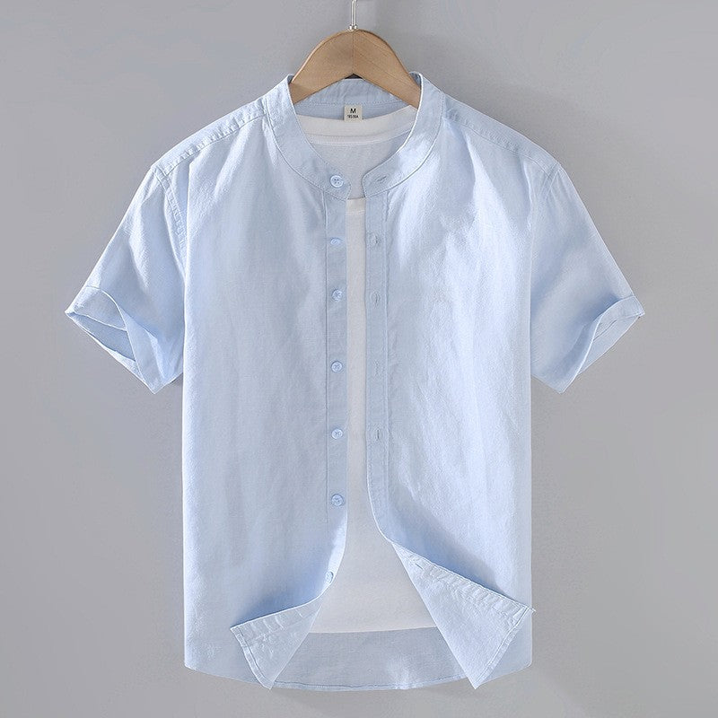 Men's short sleeve shirt with mandarin collar in cream and light blue