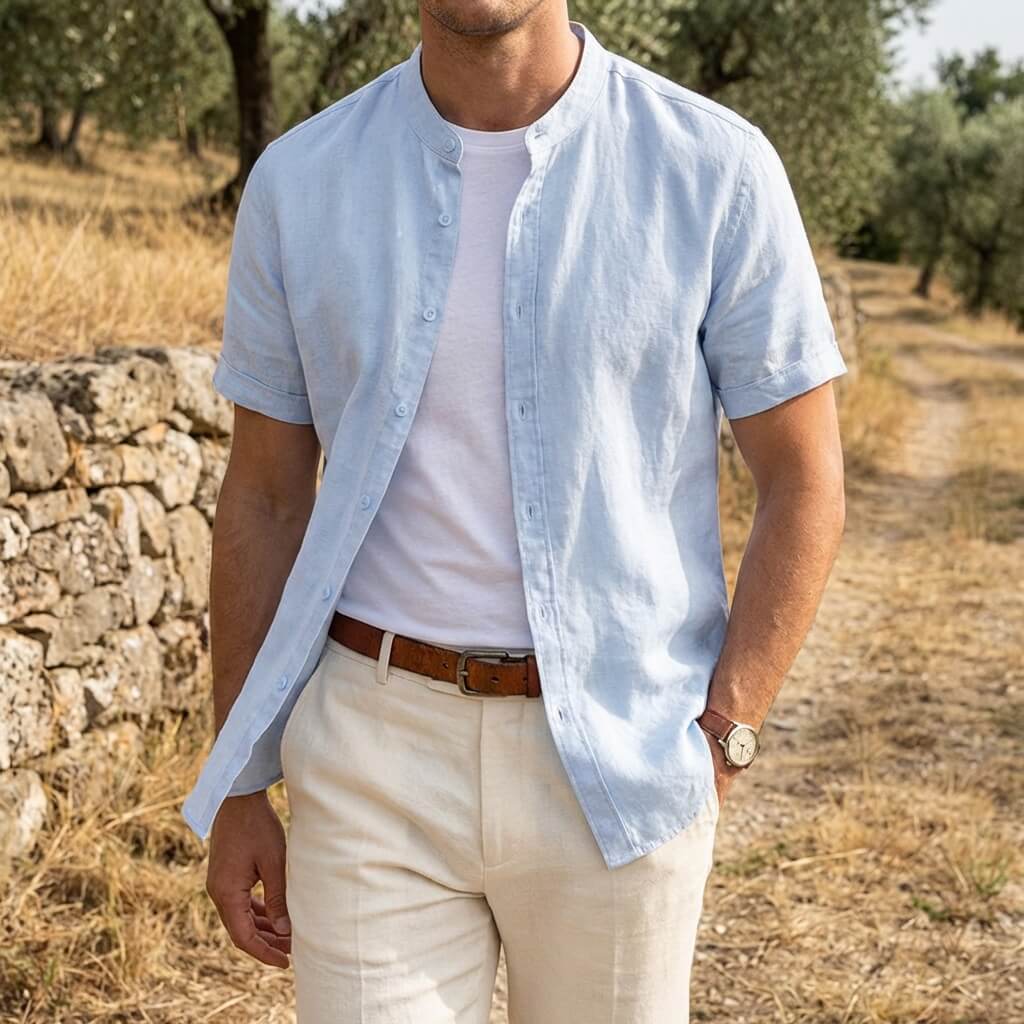 Men's beige short sleeve stand collar shirt with button front, flat lay view