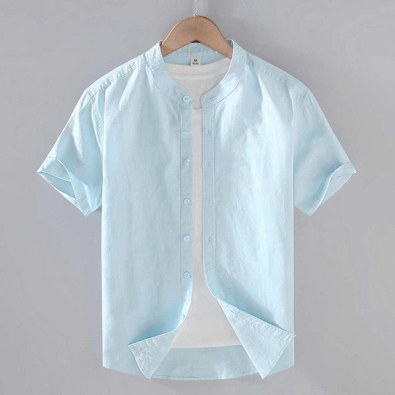 Men's short sleeve shirt with mandarin collar in cream and light blue