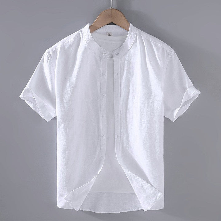 Men's short sleeve shirt with mandarin collar in cream and light blue