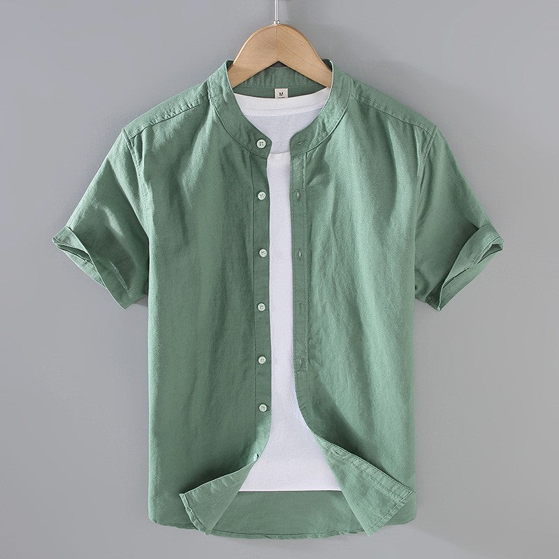 Men's short sleeve shirt with mandarin collar in cream and light blue