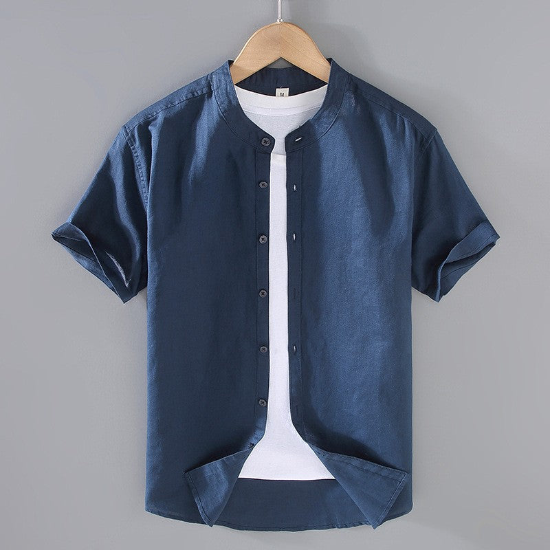 Men's short sleeve shirt with mandarin collar in cream and light blue