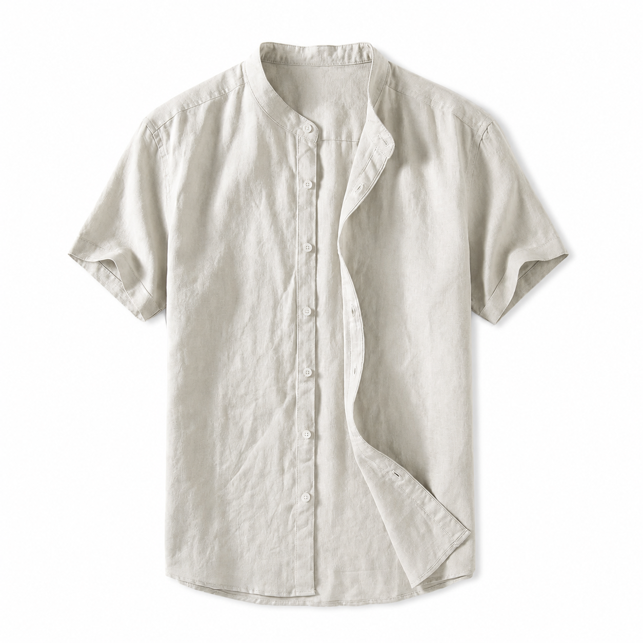 Men's short sleeve shirt with mandarin collar in cream and light blue