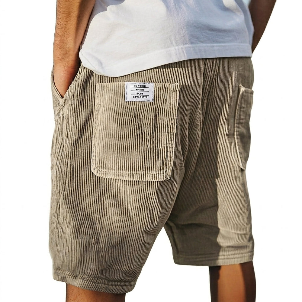 Men's gray ribbed shorts with patch pockets, relaxed fit