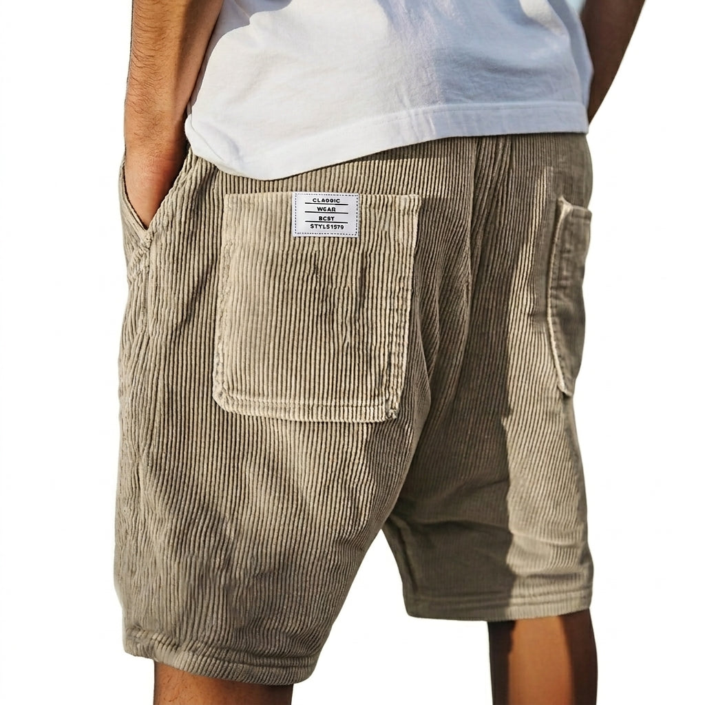 Men's gray ribbed shorts with patch pockets, relaxed fit