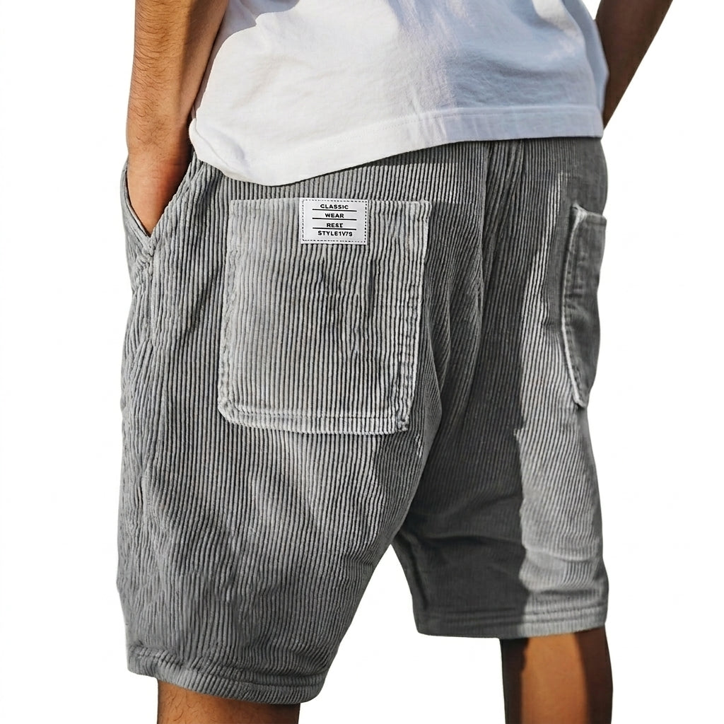 Men's gray ribbed shorts with patch pockets, relaxed fit