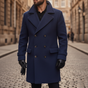 Men's double-breasted long coat with notched lapels, cuff straps and flap pockets