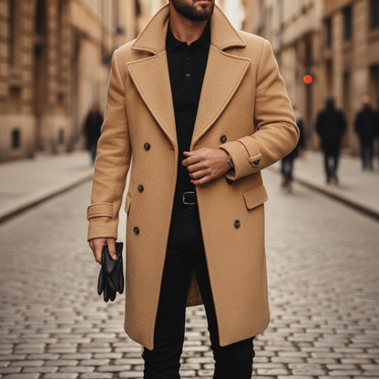 Men's double-breasted long coat with notched lapels, cuff straps and flap pockets