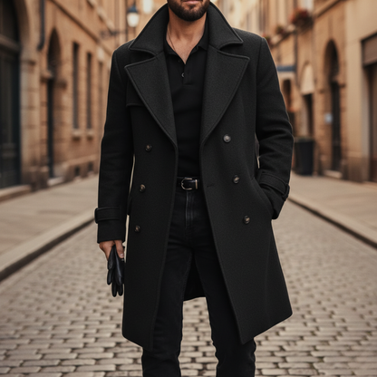 Men's double-breasted long coat with notched lapels, cuff straps and flap pockets