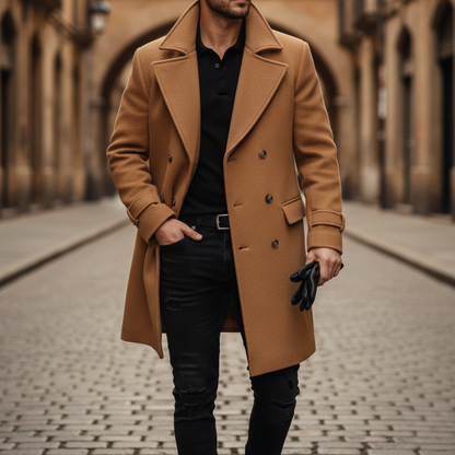 Men's double-breasted long coat with notched lapels, cuff straps and flap pockets