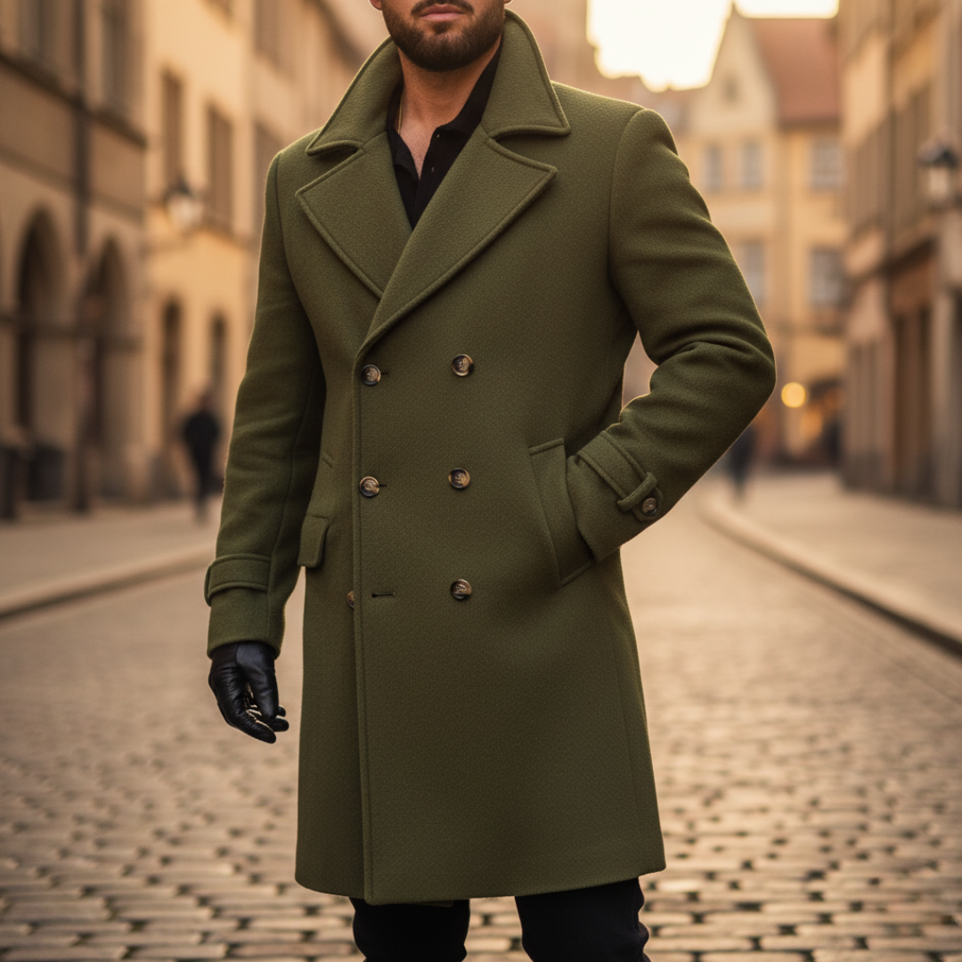 Men's double-breasted long coat with notched lapels, cuff straps and flap pockets