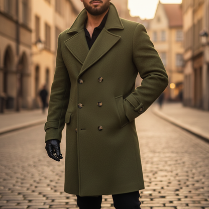 Men's double-breasted long coat with notched lapels, cuff straps and flap pockets