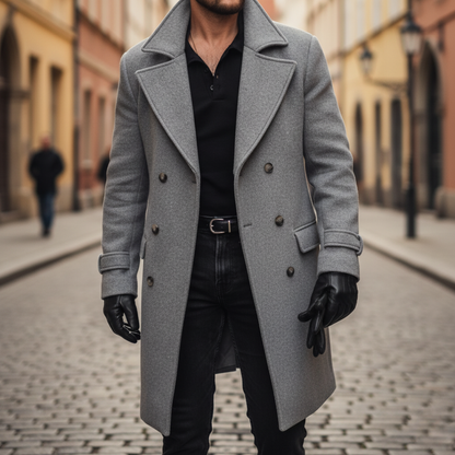 Men's double-breasted long coat with notched lapels, cuff straps and flap pockets