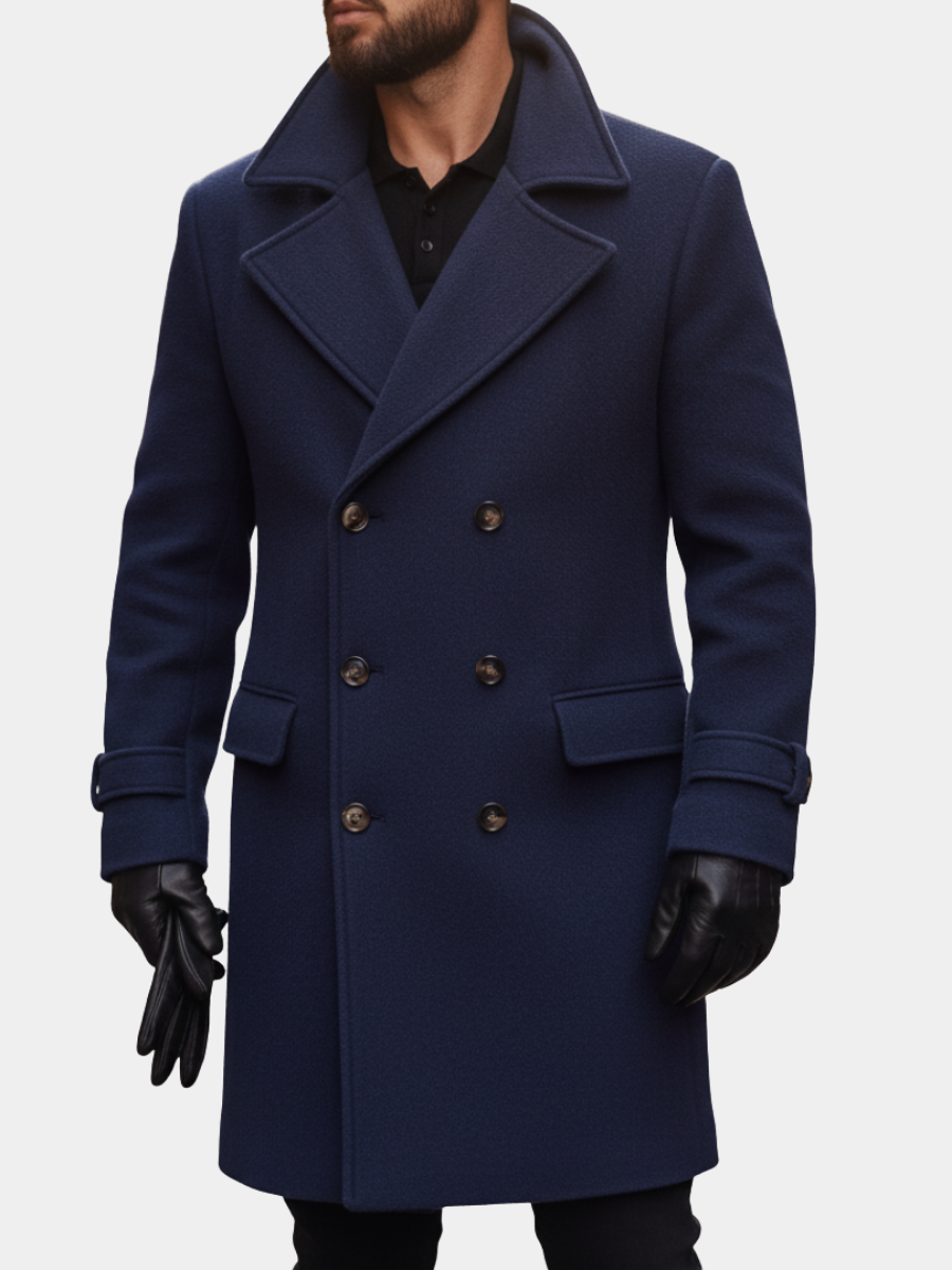 Men's double-breasted long coat with notched lapels, cuff straps and flap pockets
