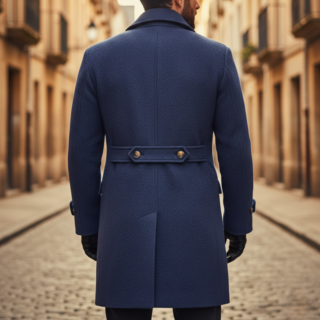 Men's double-breasted long coat with notched lapels, cuff straps and flap pockets