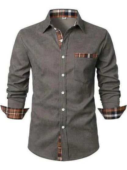 Men's long sleeve shirt with checked trim, pointed collar and chest pocket