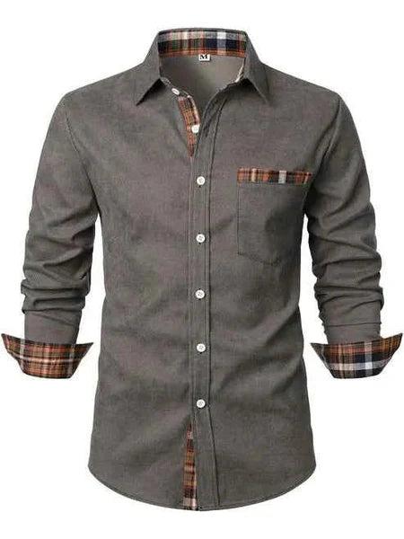 Men's long sleeve shirt with checked trim, pointed collar and chest pocket
