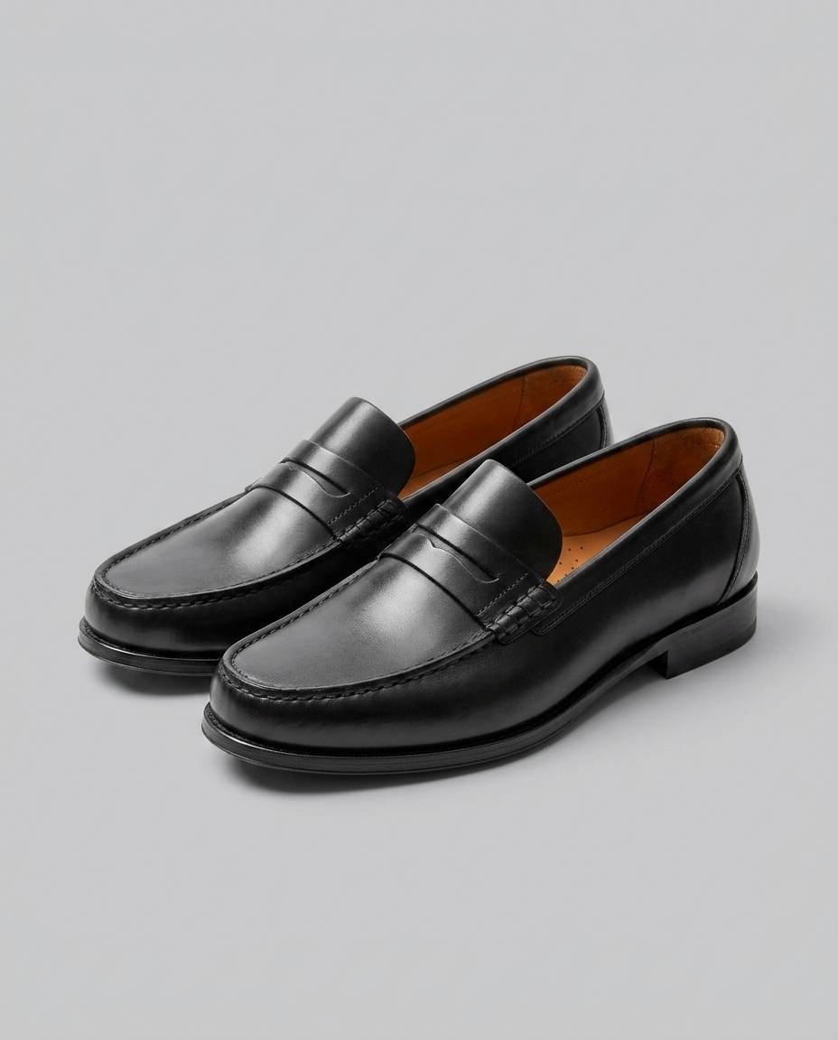 Men's slip-on loafers with moc toe stitching and penny strap detail