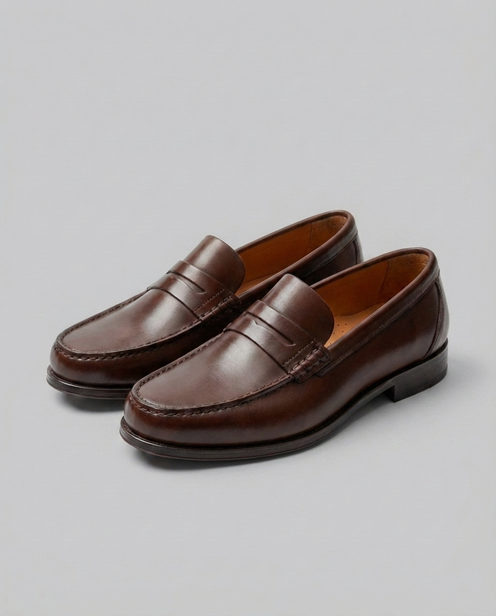 Men's slip-on loafers with moc toe stitching and penny strap detail
