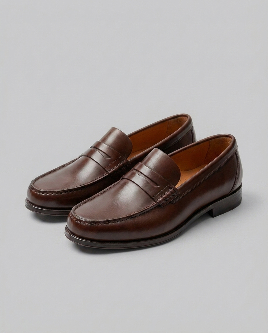 Men's slip-on loafers with moc toe stitching and penny strap detail