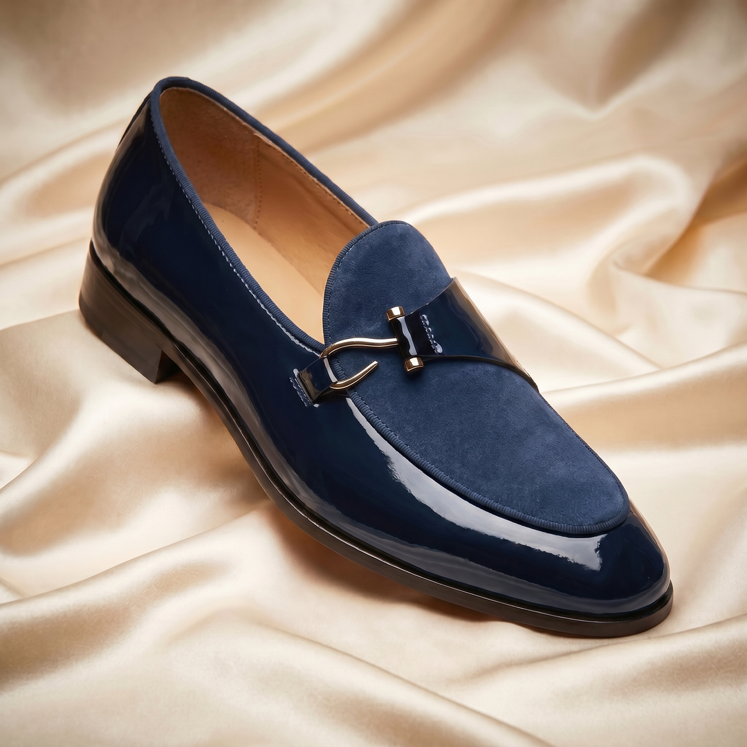 Patent loafer with metal bit detail and low heel