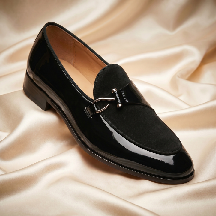 Patent loafer with metal bit detail and low heel