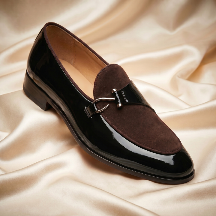 Patent loafer with metal bit detail and low heel