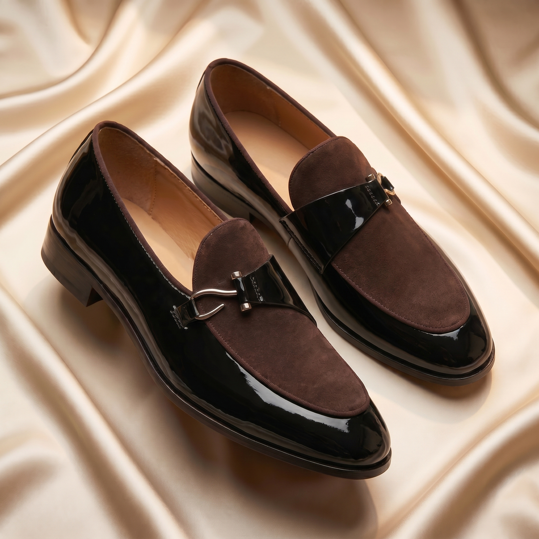 Patent loafer with metal bit detail and low heel