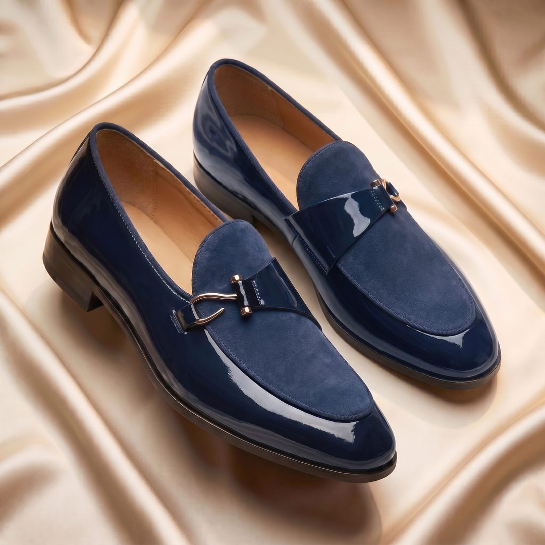 Patent loafer with metal bit detail and low heel