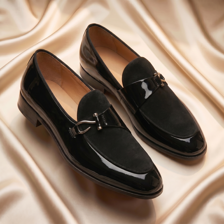Patent loafer with metal bit detail and low heel