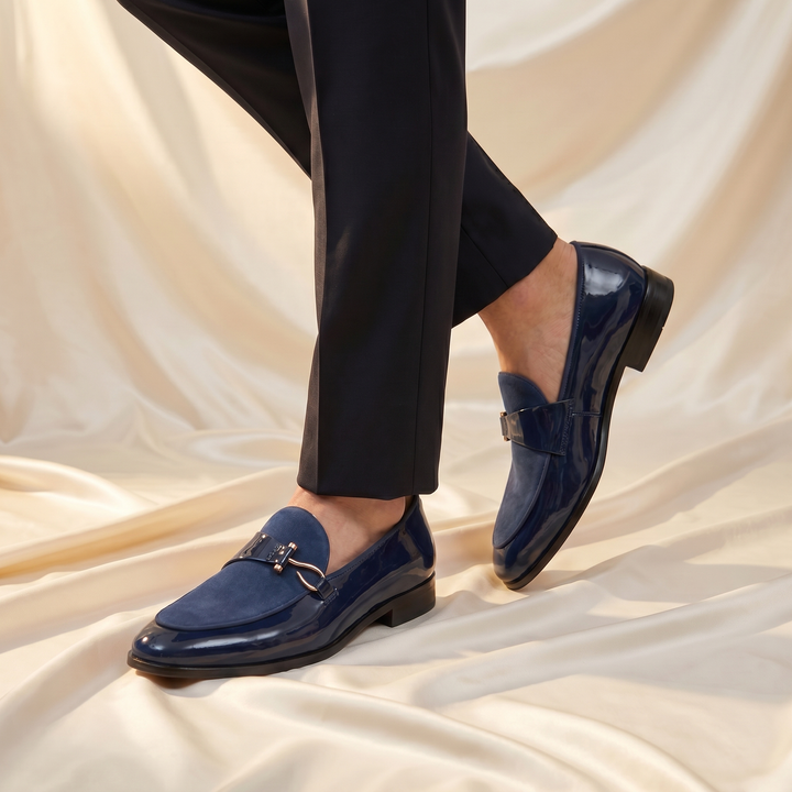 Patent loafer with metal bit detail and low heel