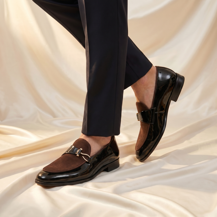 Patent loafer with metal bit detail and low heel