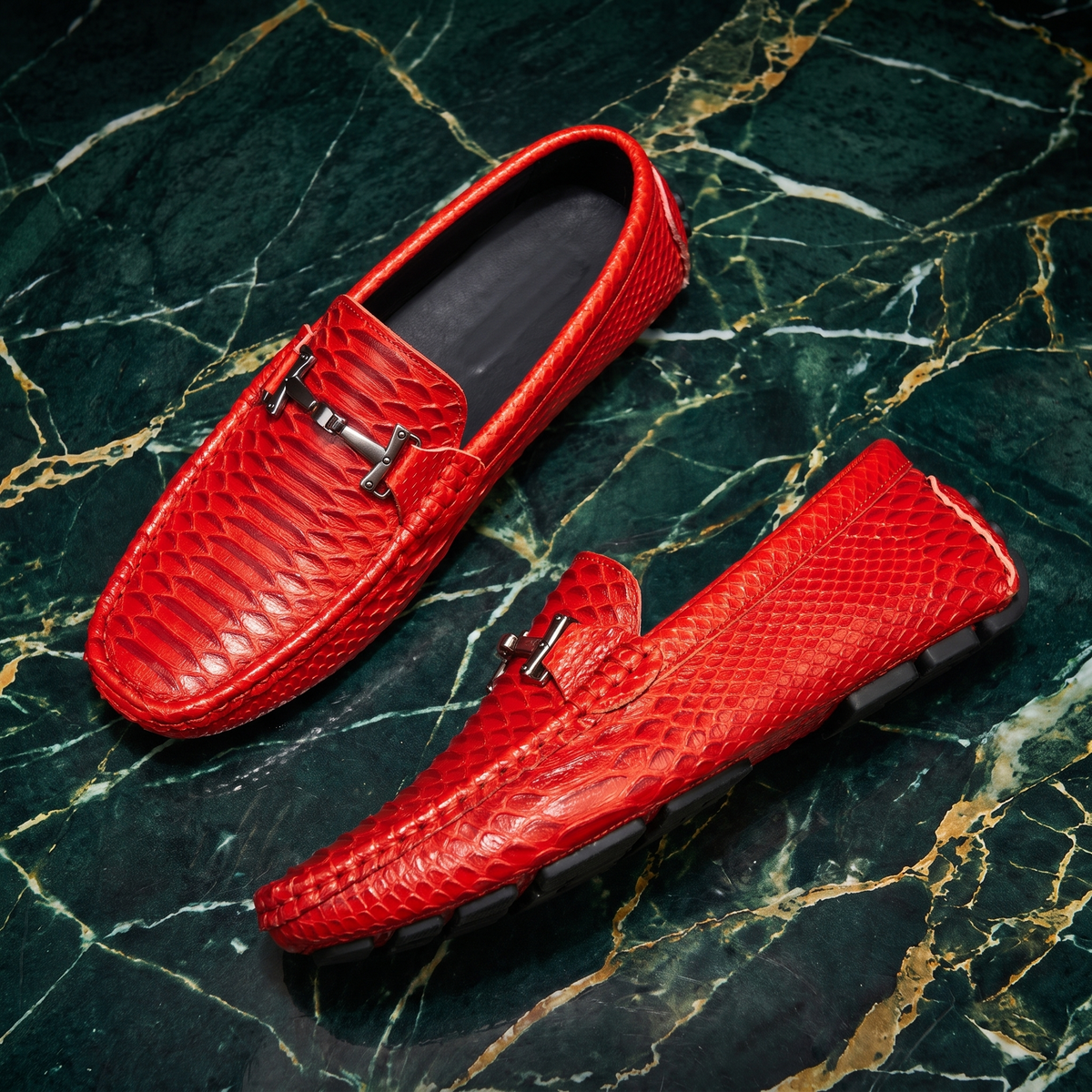 Textured loafers with metal buckle details and rounded toes