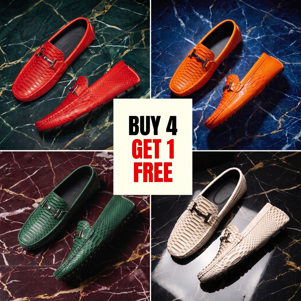 Textured loafers with metal buckle details and rounded toes