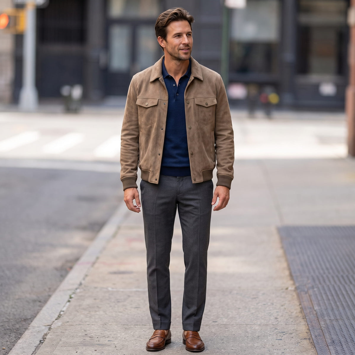 Men's collared trucker jacket with snap front and multiple pockets