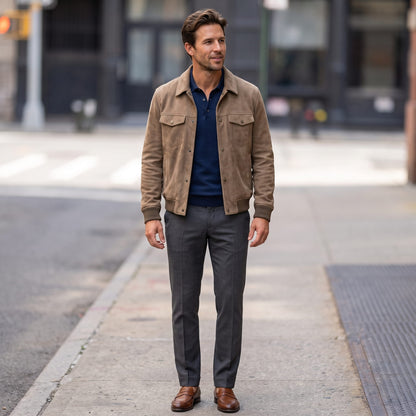 Men's collared trucker jacket with snap front and multiple pockets