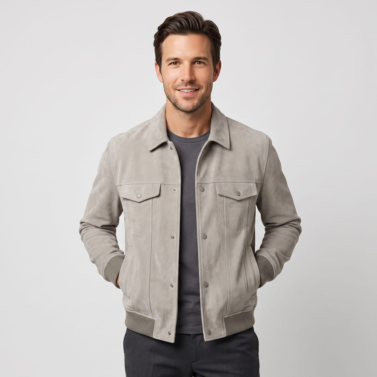 Men's collared trucker jacket with snap front and multiple pockets