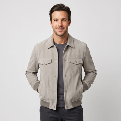 Men's collared trucker jacket with snap front and multiple pockets