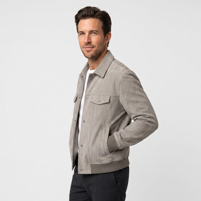 Men's collared trucker jacket with snap front and multiple pockets