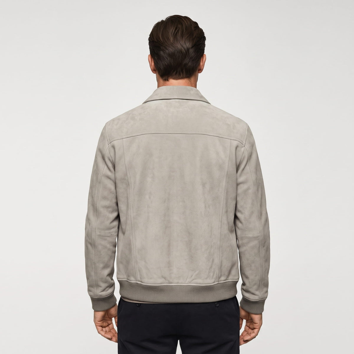 Men's collared trucker jacket with snap front and multiple pockets
