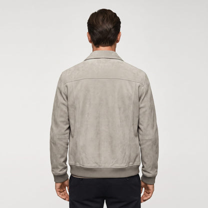 Men's collared trucker jacket with snap front and multiple pockets