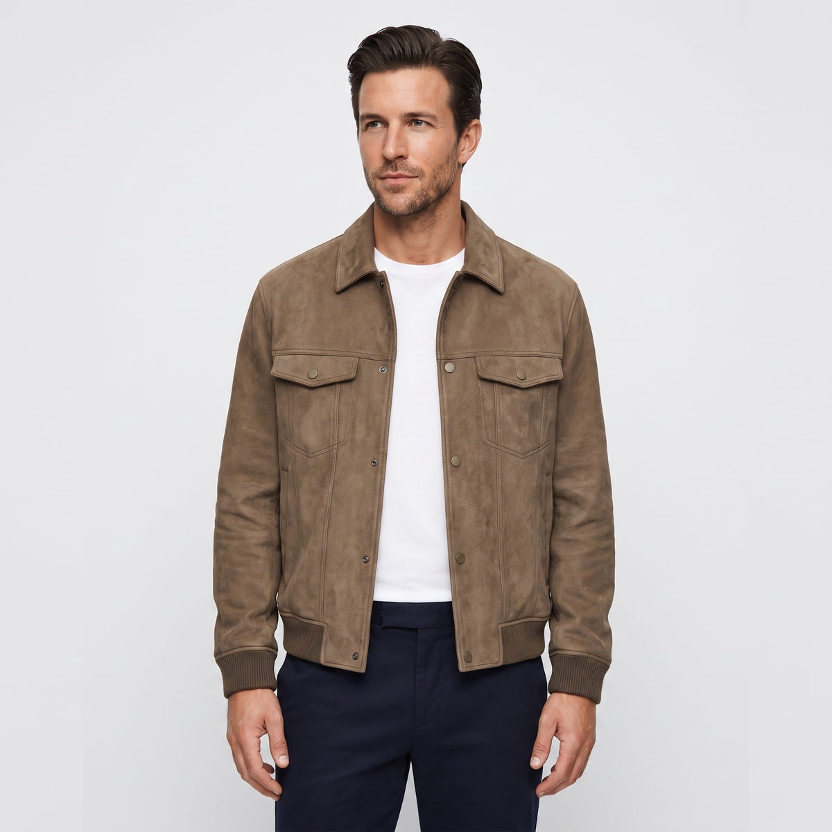 Men's collared trucker jacket with snap front and multiple pockets