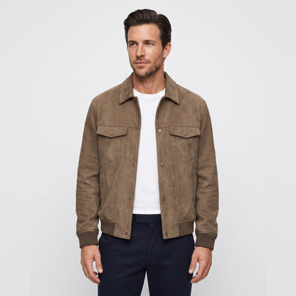 Men's collared trucker jacket with snap front and multiple pockets