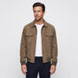 Men's collared trucker jacket with snap front and multiple pockets