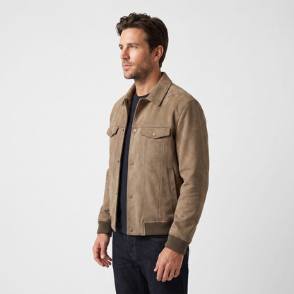 Men's collared trucker jacket with snap front and multiple pockets